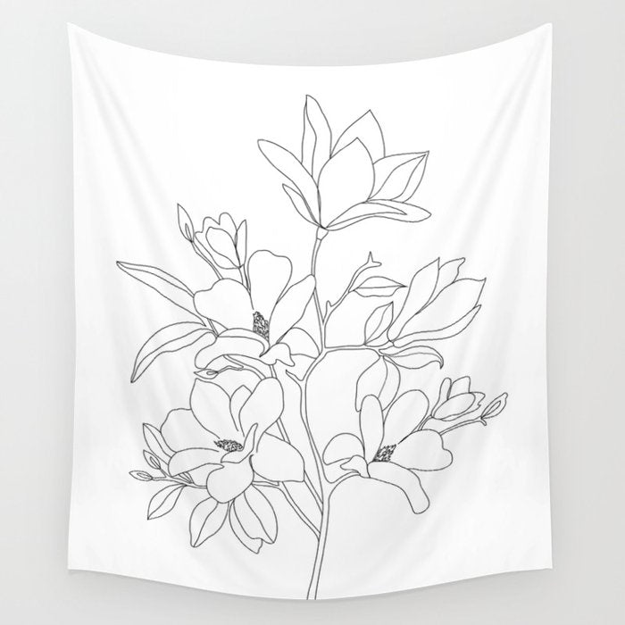 Minimal Line Art Magnolia Flowers Wall Tapestry Gallery Image 1