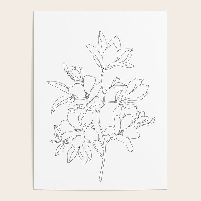 Minimal Line Art Magnolia Flowers Poster Gallery Image 1