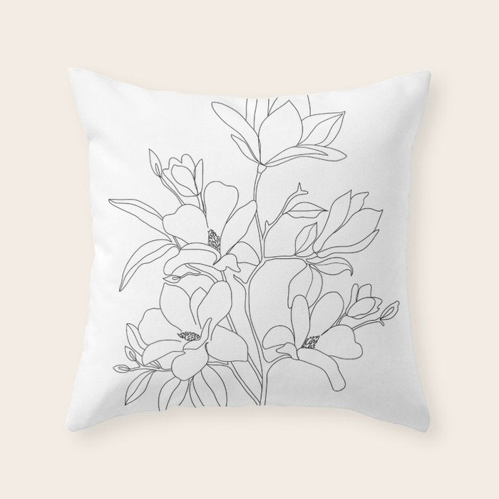 Minimal Line Art Magnolia Flowers Throw Pillow Gallery Image 1