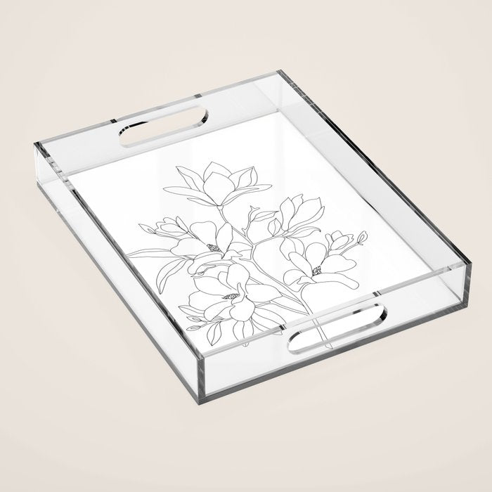 Minimal Line Art Magnolia Flowers Acrylic Tray Gallery Image 1