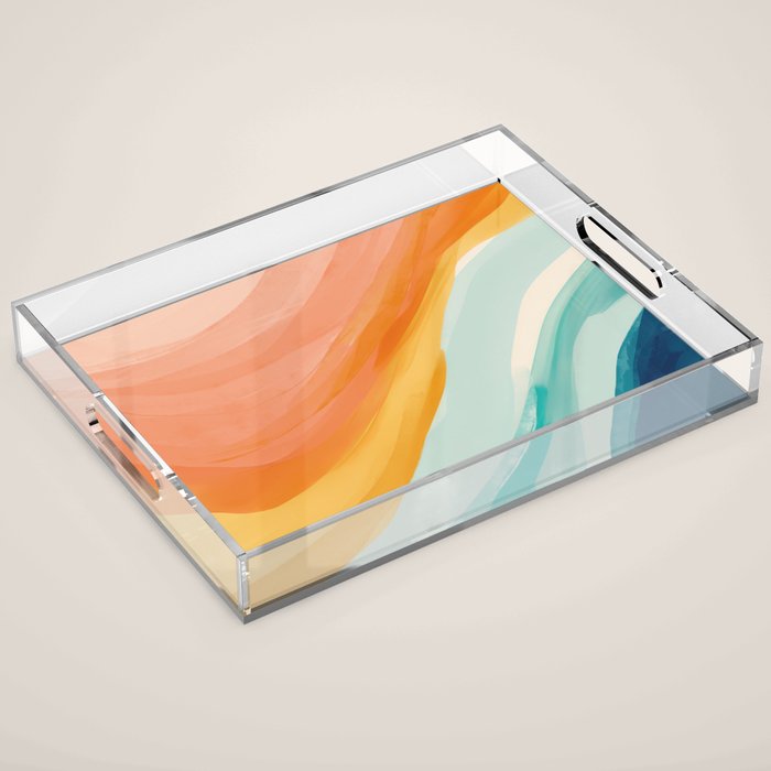 Pink, Yellow, Blue, Watercolor Abstract Sunrise Waves Acrylic Tray Gallery Image 1