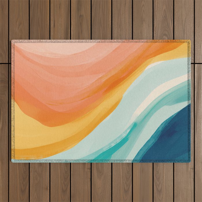 Pink, Yellow, Blue, Watercolor Abstract Sunrise Waves Outdoor Rug Gallery Image 1