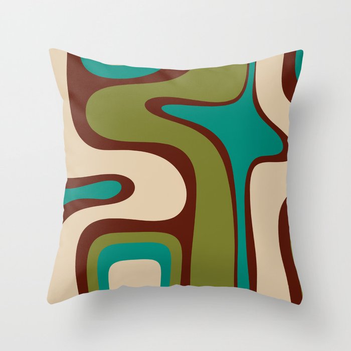 Retro Copacetic Abstract in Mid Mod Olive Green, Maroon, and Turquoise Teal  Throw Pillow Gallery Image 1