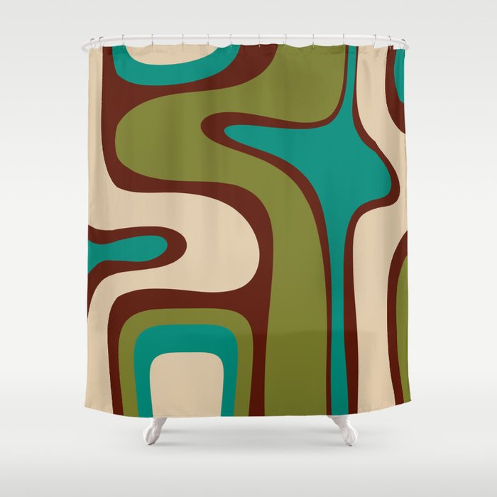 Retro Copacetic Abstract in Mid Mod Olive Green, Maroon, and Turquoise Teal  Shower Curtain Gallery Image 1