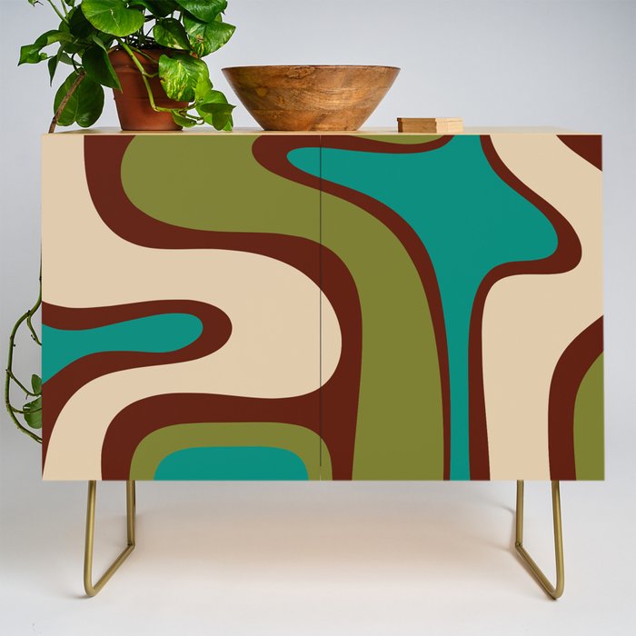 Retro Copacetic Abstract in Mid Mod Olive Green, Maroon, and Turquoise Teal  Credenza Gallery Image 1