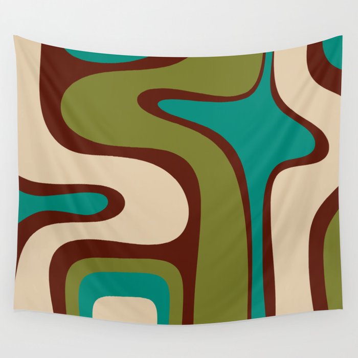 Retro Copacetic Abstract in Mid Mod Olive Green, Maroon, and Turquoise Teal  Wall Tapestry Gallery Image 1