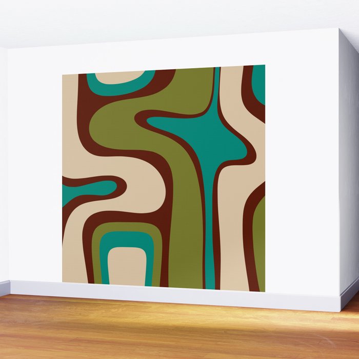 Retro Copacetic Abstract in Mid Mod Olive Green, Maroon, and Turquoise Teal  Wall Mural Gallery Image 2
