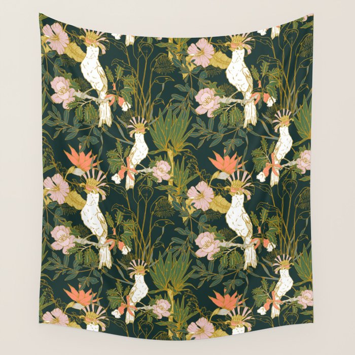 Drawing of exotic birds in the dark jungle Wall Tapestry Gallery Image 4