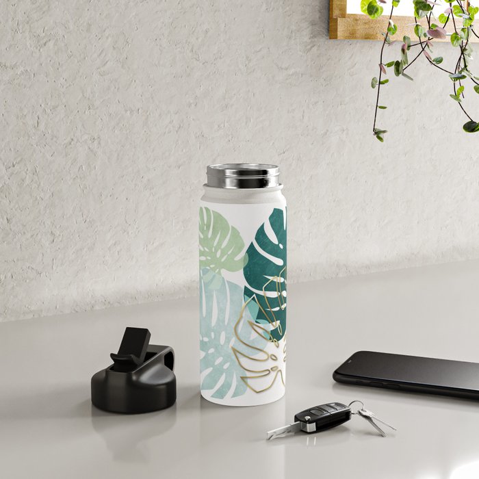 Tropical minimal / green, turquoise and gold monstera Water Bottle Gallery Image 4