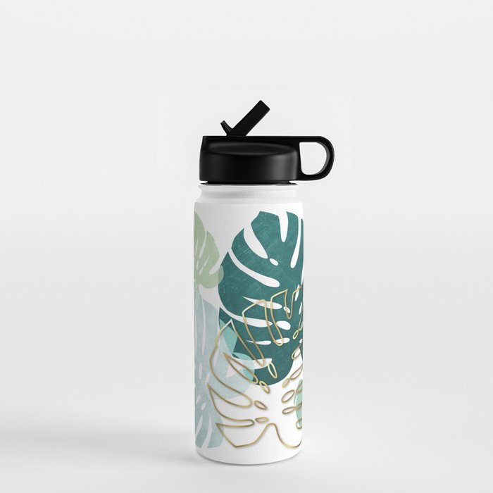 Tropical minimal / green, turquoise and gold monstera Water Bottle Gallery Image 1