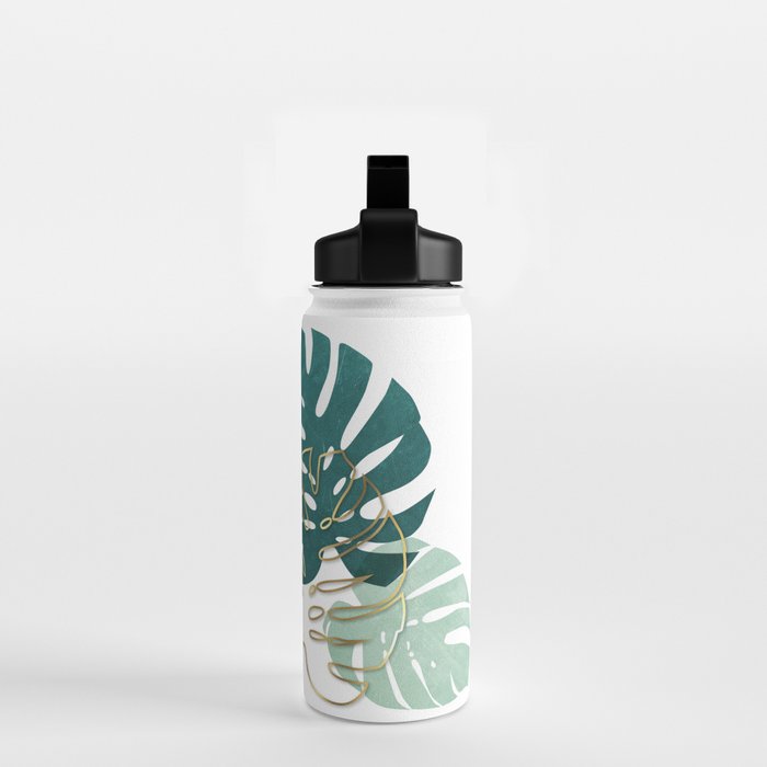 Tropical minimal / green, turquoise and gold monstera Water Bottle Gallery Image 2