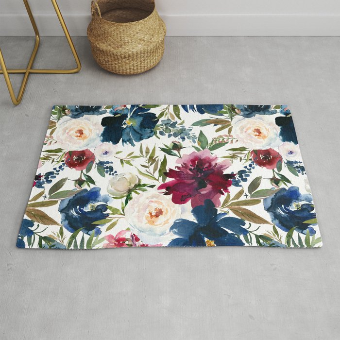 Burgundy Navy Floral Watercolor Pattern A OS Rug Gallery Image 1