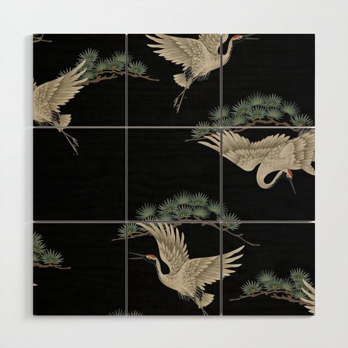 Asian Crane on Black Japanese Woodblock Art Wood Wall Art Gallery Image 1