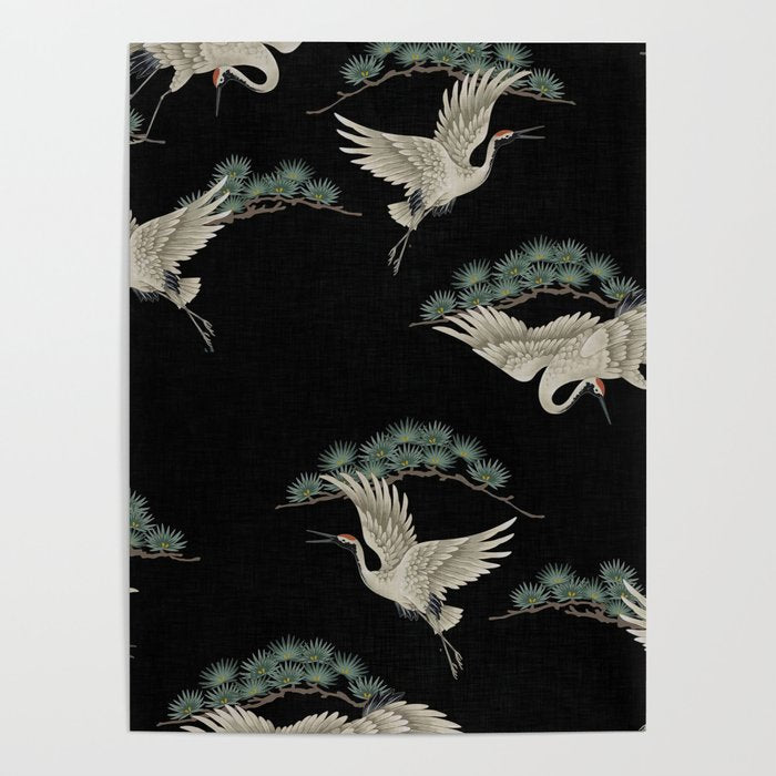 Asian Crane on Black Japanese Woodblock Art Poster Gallery Image 4