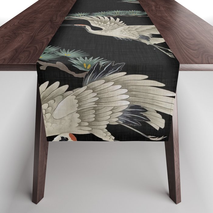 Asian Crane on Black Japanese Woodblock Art Table Runner Gallery Image 1