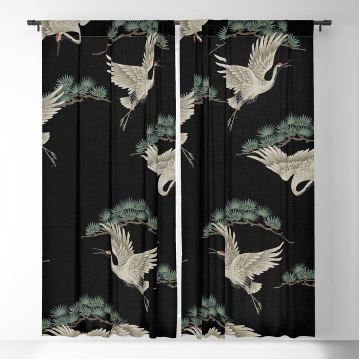 Asian Crane on Black Japanese Woodblock Art Window Curtain Gallery Image 1