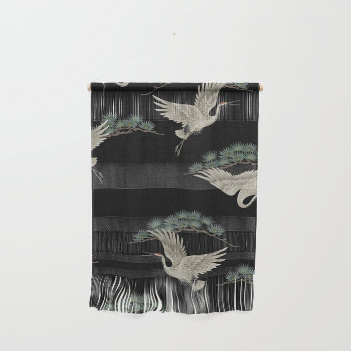 Asian Crane on Black Japanese Woodblock Art Wall Hanging Gallery Image 1