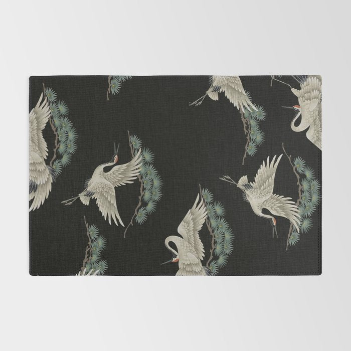Asian Crane on Black Japanese Woodblock Art Rug Gallery Image 2