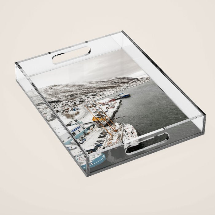 Harbor In Norway Snow Photo | Winter In Norway Boats And Mountains Art Print | Travel Photography Acrylic Tray Gallery Image 1