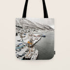 Harbor In Norway Snow Photo | Winter In Norway Boats And Mountains Art Print | Travel Photography Tote Bag Gallery Image 1