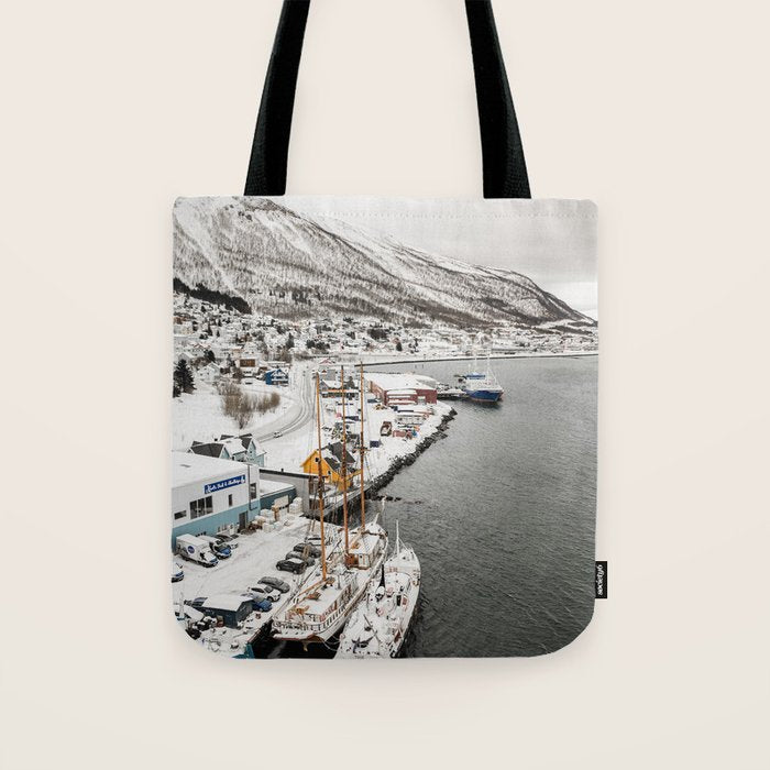 Harbor In Norway Snow Photo | Winter In Norway Boats And Mountains Art Print | Travel Photography Tote Bag Gallery Image 1