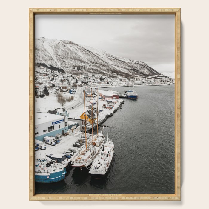 Harbor In Norway Snow Photo | Winter In Norway Boats And Mountains Art Print | Travel Photography Serving Tray Gallery Image 1