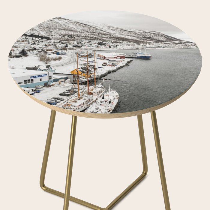 Harbor In Norway Snow Photo | Winter In Norway Boats And Mountains Art Print | Travel Photography Side Table Gallery Image 2