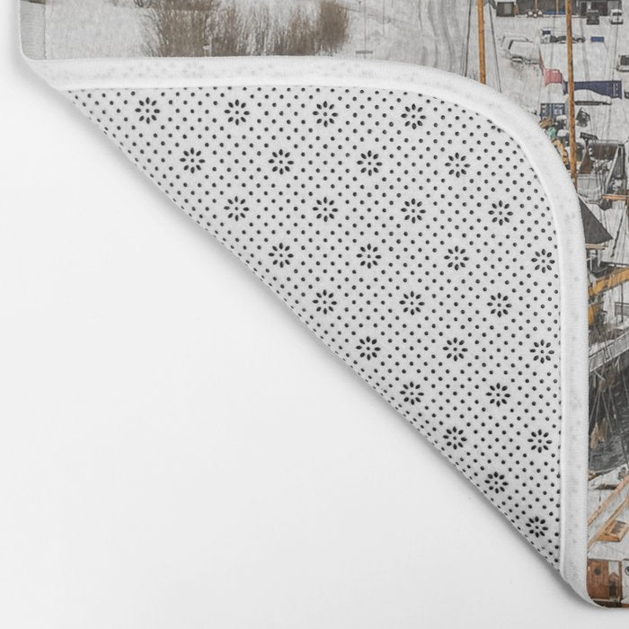 Harbor In Norway Snow Photo | Winter In Norway Boats And Mountains Art Print | Travel Photography Bath Mat Gallery Image 2
