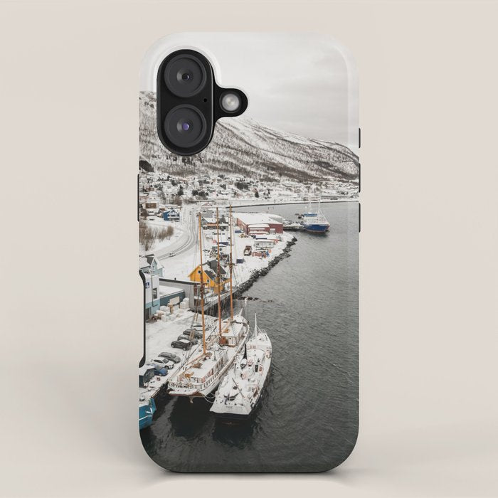 Harbor In Norway Snow Photo | Winter In Norway Boats And Mountains Art Print | Travel Photography iPhone Case Gallery Image 1
