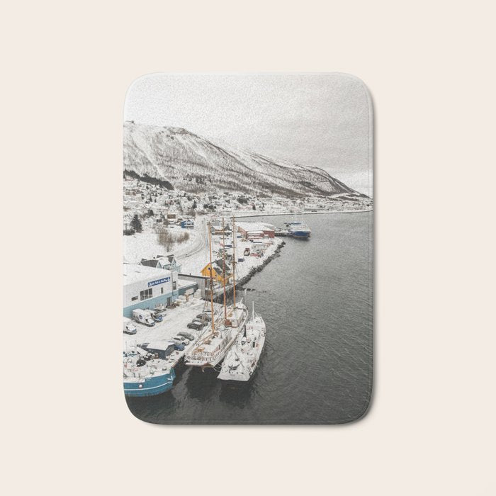 Harbor In Norway Snow Photo | Winter In Norway Boats And Mountains Art Print | Travel Photography Bath Mat Gallery Image 1