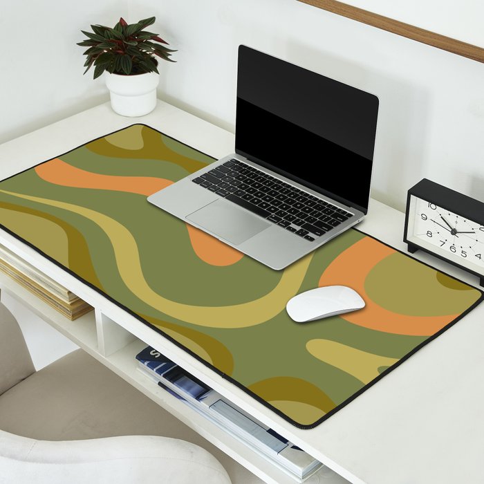 Modern Retro Liquid Swirl Abstract Pattern Square in Vintage Olive Green and Cantaloupe Orange Desk Mat Gallery Image 2