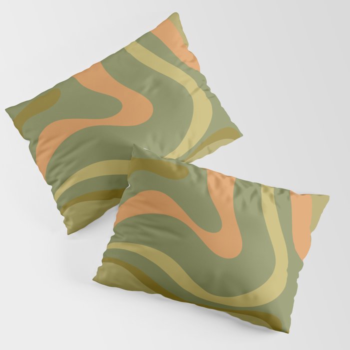 Modern Retro Liquid Swirl Abstract Pattern Square in Vintage Olive Green and Cantaloupe Orange Pillow Sham Gallery Image 1
