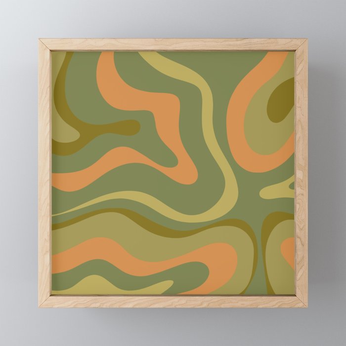 Modern Retro Liquid Swirl Abstract Pattern Square in Vintage Olive Green and Cantaloupe Orange Mini Art Print Gallery Image 1