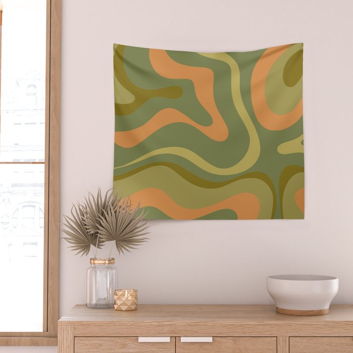 Modern Retro Liquid Swirl Abstract Pattern Square in Vintage Olive Green and Cantaloupe Orange Wall Tapestry Gallery Image 2