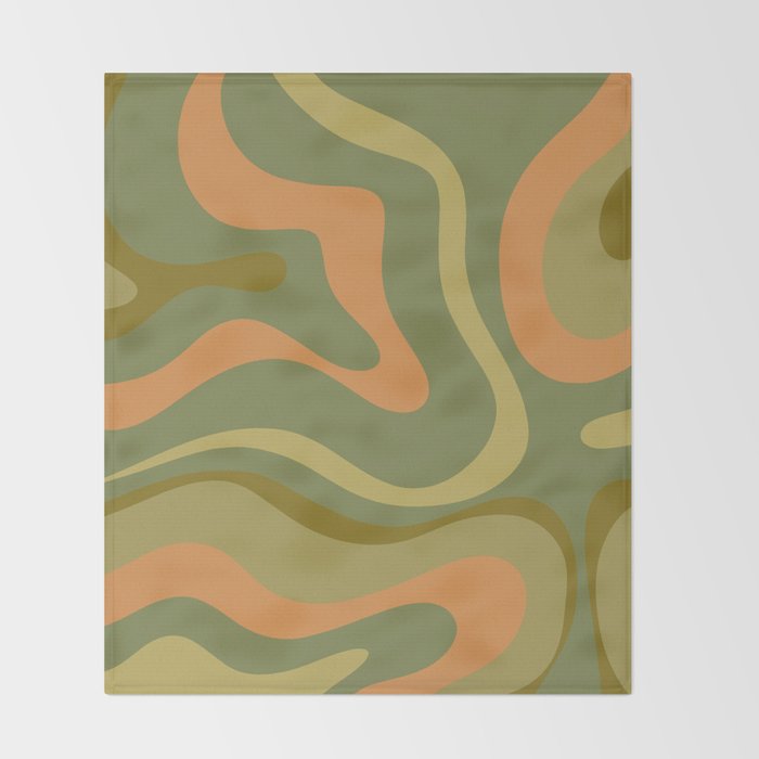 Modern Retro Liquid Swirl Abstract Pattern Square in Vintage Olive Green and Cantaloupe Orange Throw Blanket Gallery Image 2