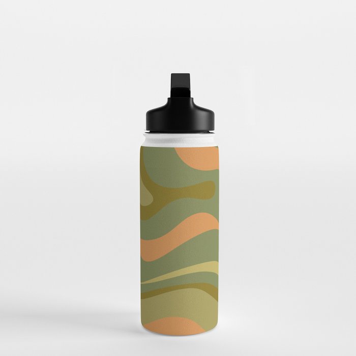 Modern Retro Liquid Swirl Abstract Pattern Square in Vintage Olive Green and Cantaloupe Orange Water Bottle Gallery Image 3
