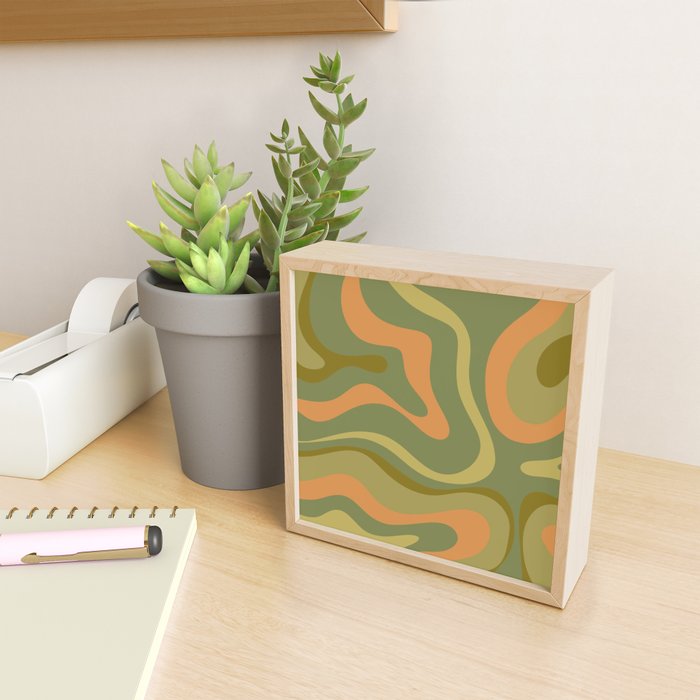 Modern Retro Liquid Swirl Abstract Pattern Square in Vintage Olive Green and Cantaloupe Orange Mini Art Print Gallery Image 2