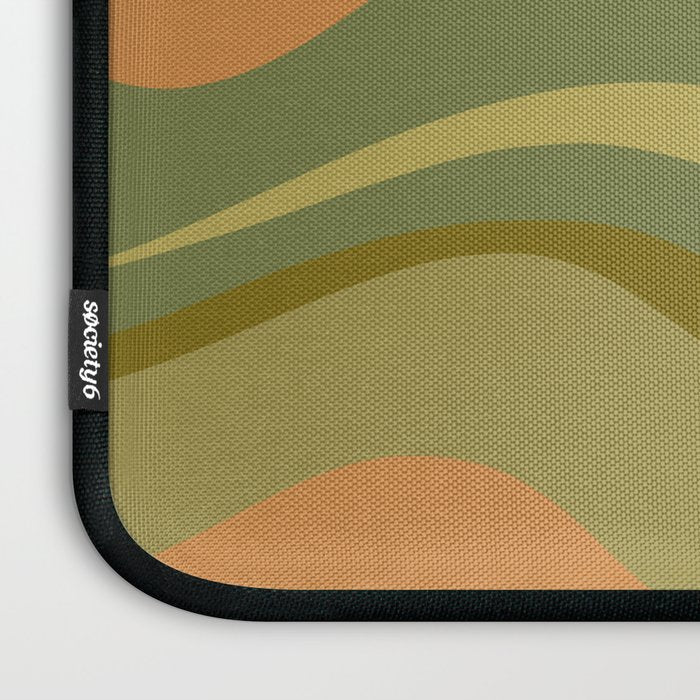 Modern Retro Liquid Swirl Abstract Pattern Square in Vintage Olive Green and Cantaloupe Orange Laptop Sleeve Gallery Image 3