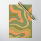 Modern Retro Liquid Swirl Abstract Pattern Square in Vintage Olive Green and Cantaloupe Orange Wrapping Paper Gallery Image 1