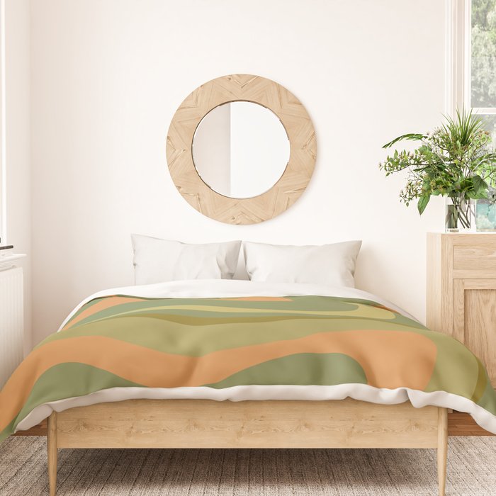 Modern Retro Liquid Swirl Abstract Pattern Square in Vintage Olive Green and Cantaloupe Orange Duvet Cover Gallery Image 3