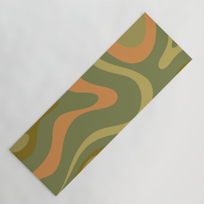 Modern Retro Liquid Swirl Abstract Pattern Square in Vintage Olive Green and Cantaloupe Orange Yoga Mat Gallery Image 1