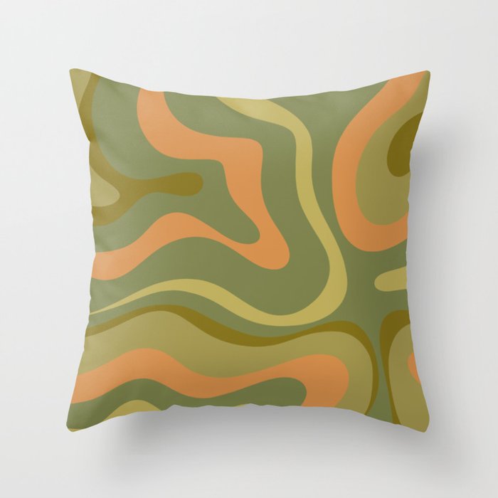 Modern Retro Liquid Swirl Abstract Pattern Square in Vintage Olive Green and Cantaloupe Orange Throw Pillow Gallery Image 1