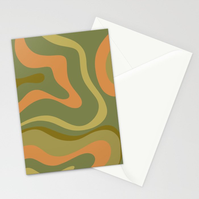Modern Retro Liquid Swirl Abstract Pattern Square in Vintage Olive Green and Cantaloupe Orange Stationery Card Gallery Image 2
