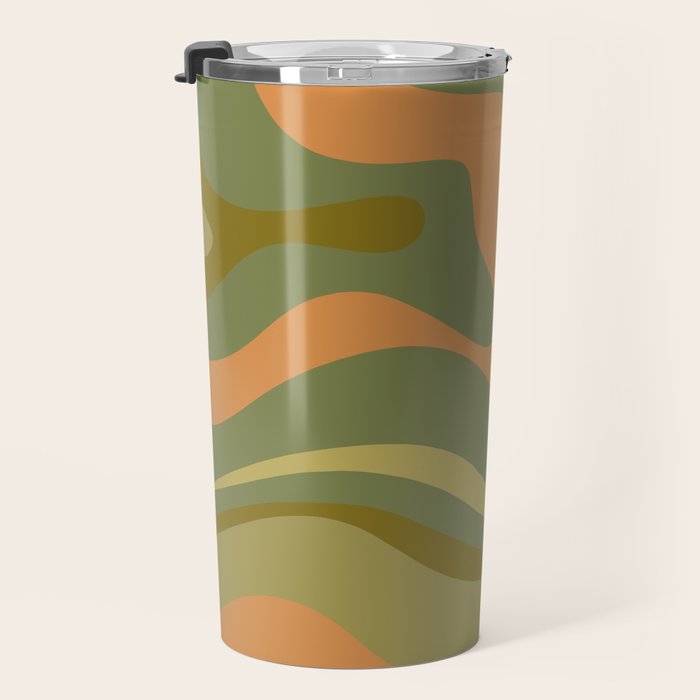 Modern Retro Liquid Swirl Abstract Pattern Square in Vintage Olive Green and Cantaloupe Orange Travel Mug Gallery Image 3