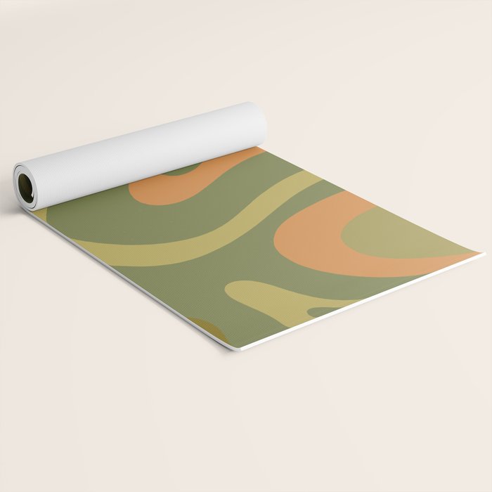 Modern Retro Liquid Swirl Abstract Pattern Square in Vintage Olive Green and Cantaloupe Orange Yoga Mat Gallery Image 2