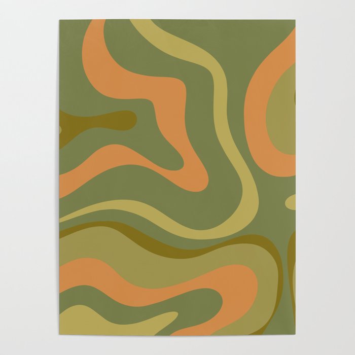Modern Retro Liquid Swirl Abstract Pattern Square in Vintage Olive Green and Cantaloupe Orange Poster Gallery Image 1