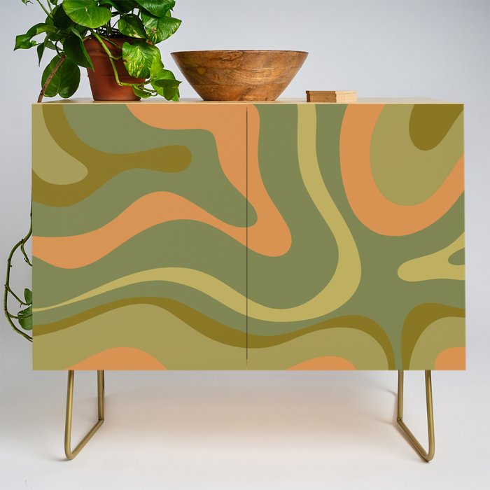 Modern Retro Liquid Swirl Abstract Pattern Square in Vintage Olive Green and Cantaloupe Orange Credenza Gallery Image 1