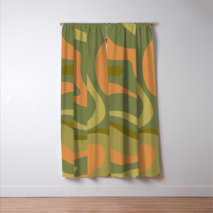 Modern Retro Liquid Swirl Abstract Pattern Square in Vintage Olive Green and Cantaloupe Orange Window Curtain Gallery Image 3