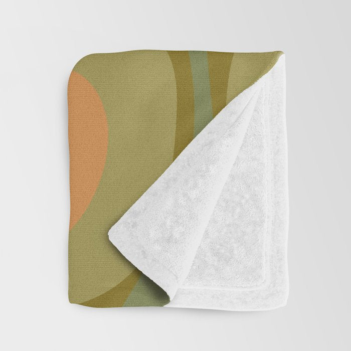 Modern Retro Liquid Swirl Abstract Pattern Square in Vintage Olive Green and Cantaloupe Orange Throw Blanket Gallery Image 3
