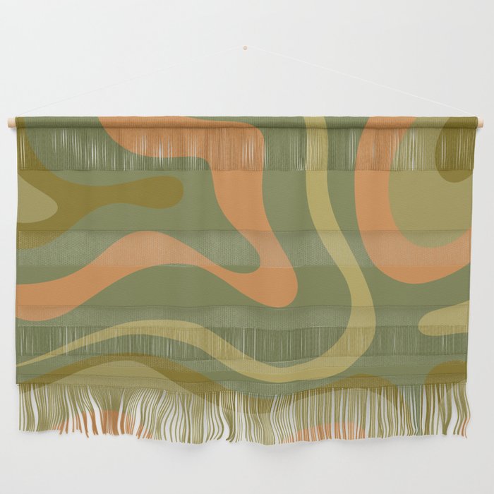 Modern Retro Liquid Swirl Abstract Pattern Square in Vintage Olive Green and Cantaloupe Orange Wall Hanging Gallery Image 1